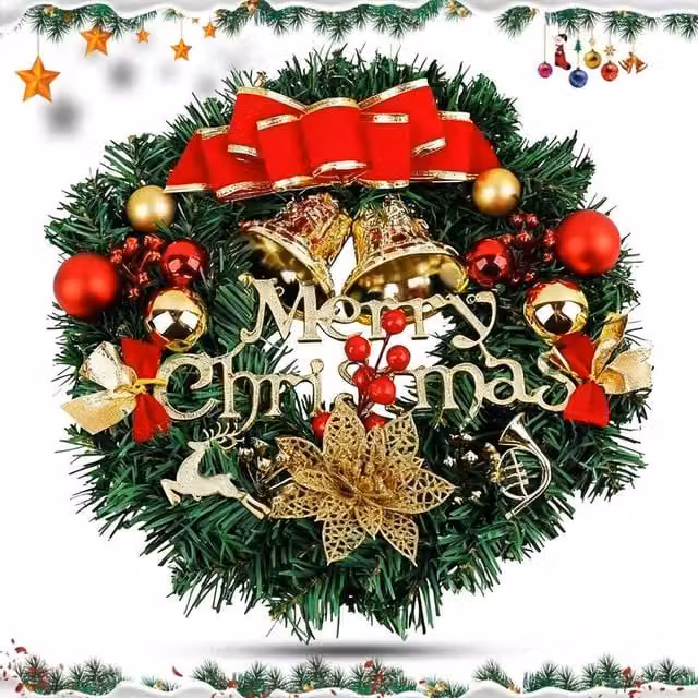 Kelvenix Christmas Wreath Garland with Bells and Bows in Green, Red and Gold