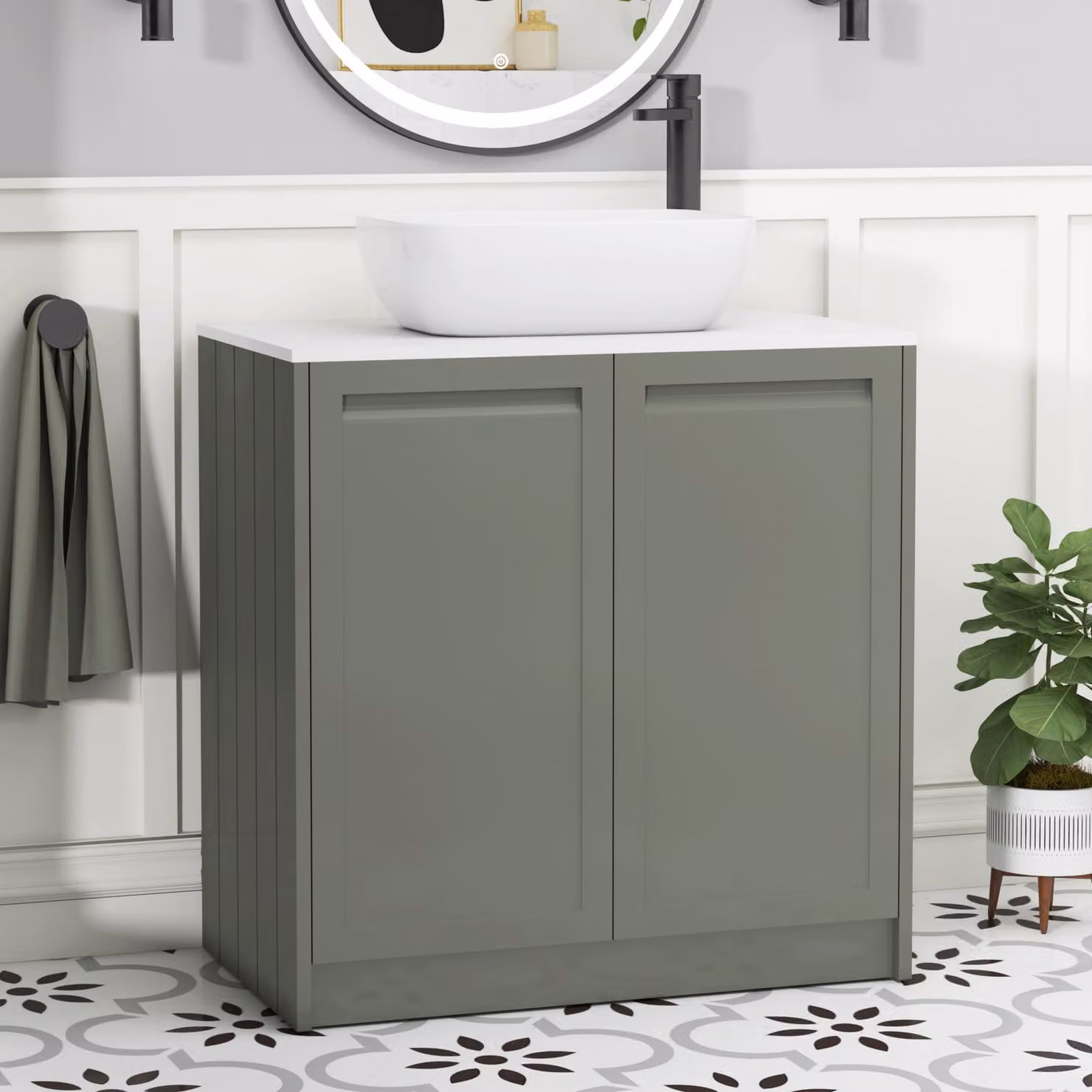Royal Bathrooms Elmore 800mm Floor Standing 2 Door Vanity Unit in Matt Green with Plain White Worktop and Elva Basin