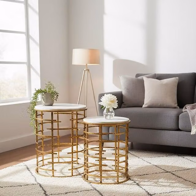 Orsina Set of 2 Round Marble Top Nesting Tables in White and Gold