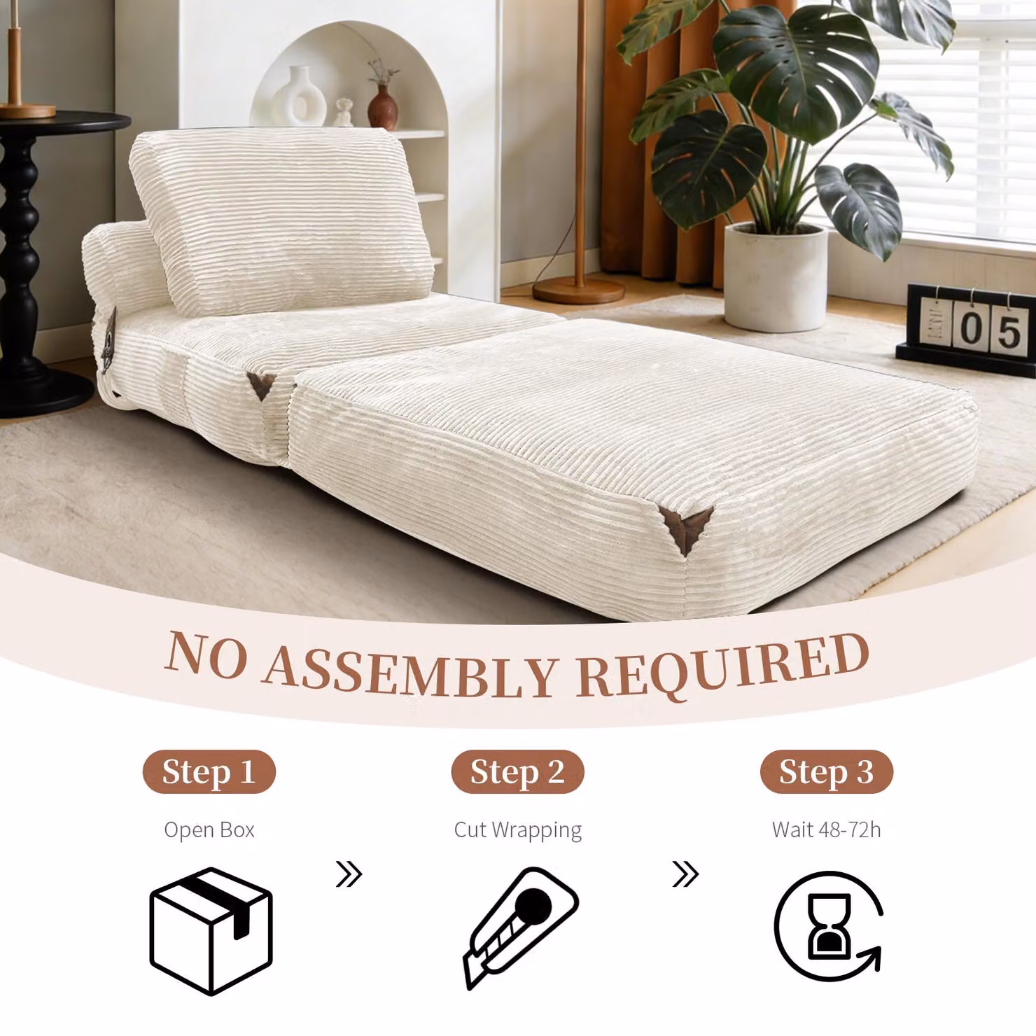 Aosom UK 3-in-1 Convertible Corduroy Floor Sofa Bed with Side Pockets, White, W/D/H: 86 x 87 x 40 cm – 5