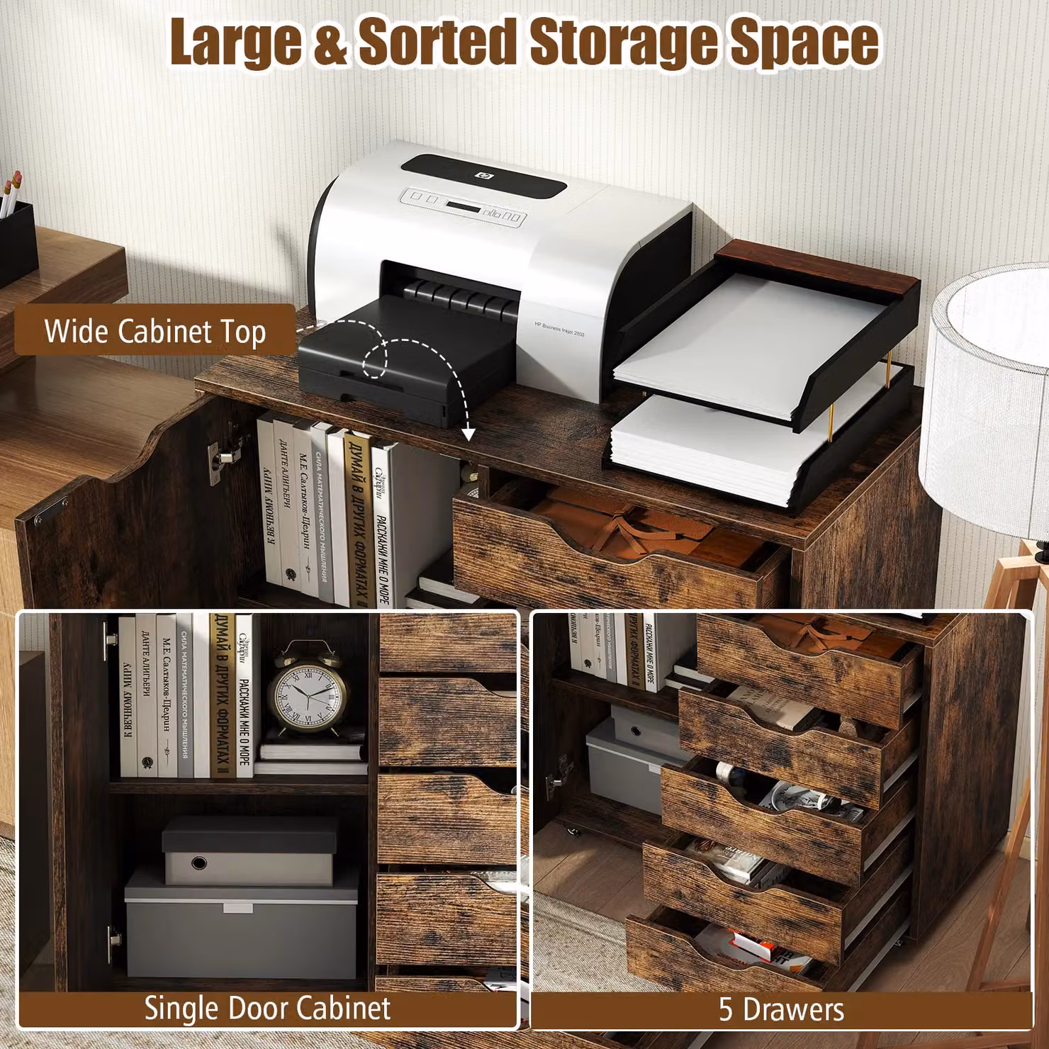 Gymax 5-Drawer Mobile Chest of Drawers with Adjustable Shelf and Lock, Brown – 5