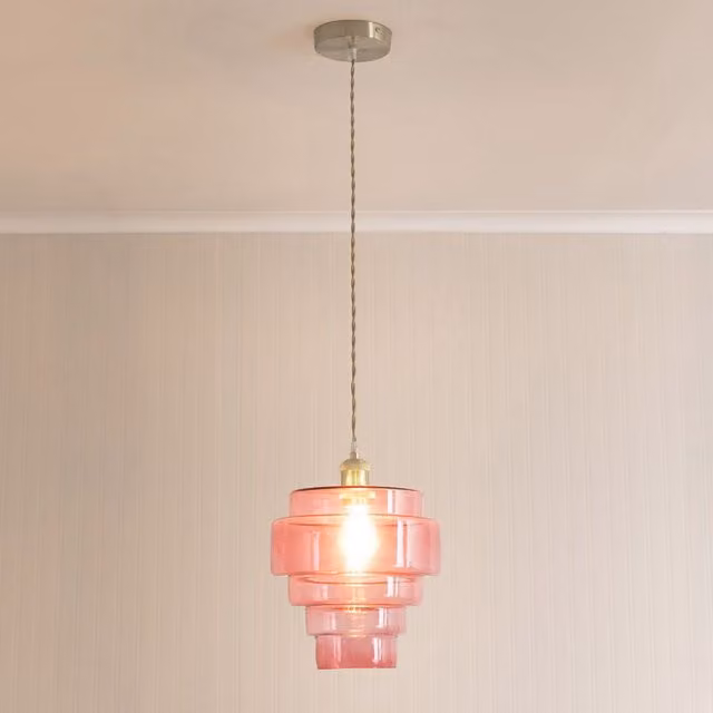 ValueLights Lane 5 Tier Layered Glass Ceiling Pendant Light in Pink and Brushed Chrome
