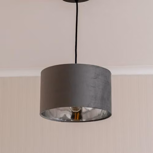 ValueLights Reni Small Cylinder Pendant Shade in Grey Velvet with Chrome Inner and Warm White Bulb, Width: 25 cm – 2