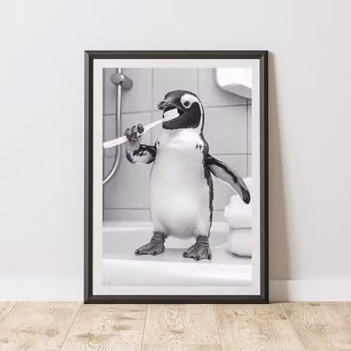 60 Second Makeover Penguin Brushing Teeth Animal Print Paper Poster, A3, Multicolour