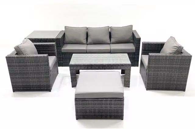 Fimous 6-Seat Rattan Garden Furniture Set in Grey with 3-Seater Sofa, 2-Seater Sofa, Ottoman and Coffee Table