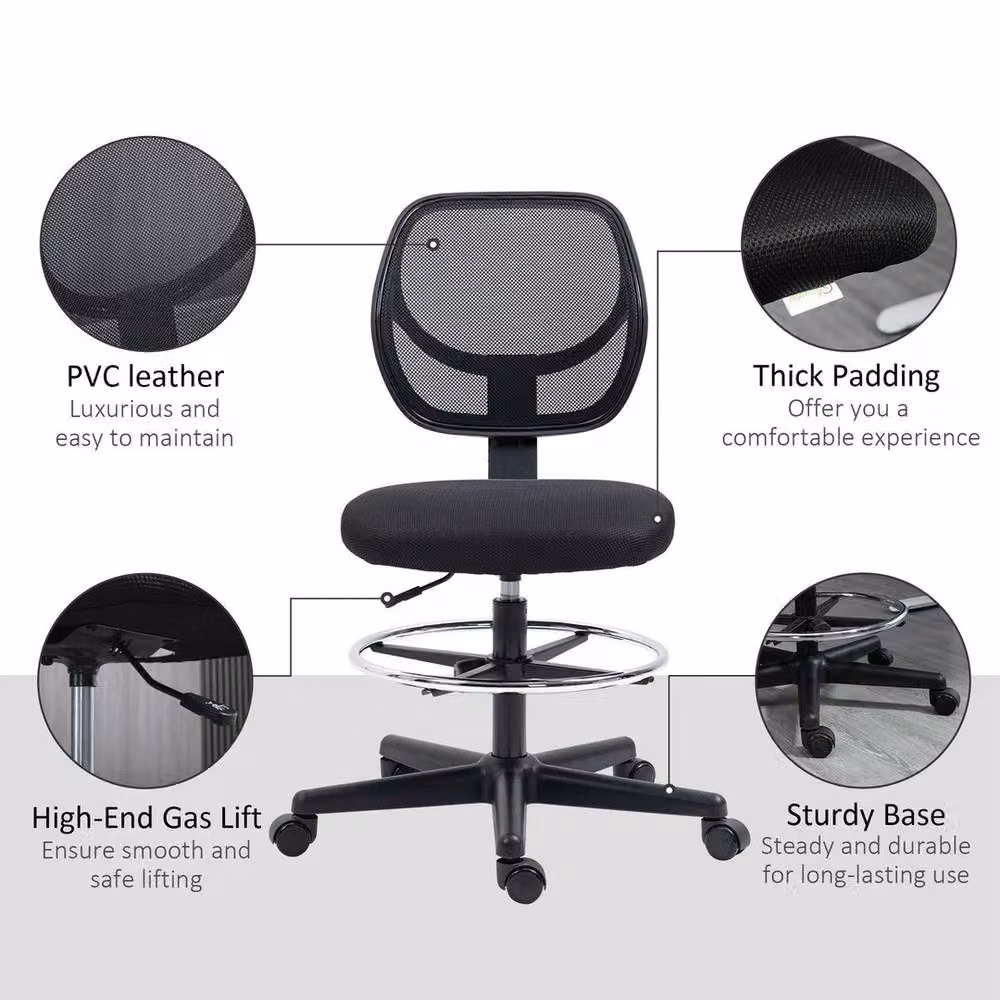 FORGEVIO Black Fabric Draughtsman Swivel Office Chair with Foot Ring and Castors – 3