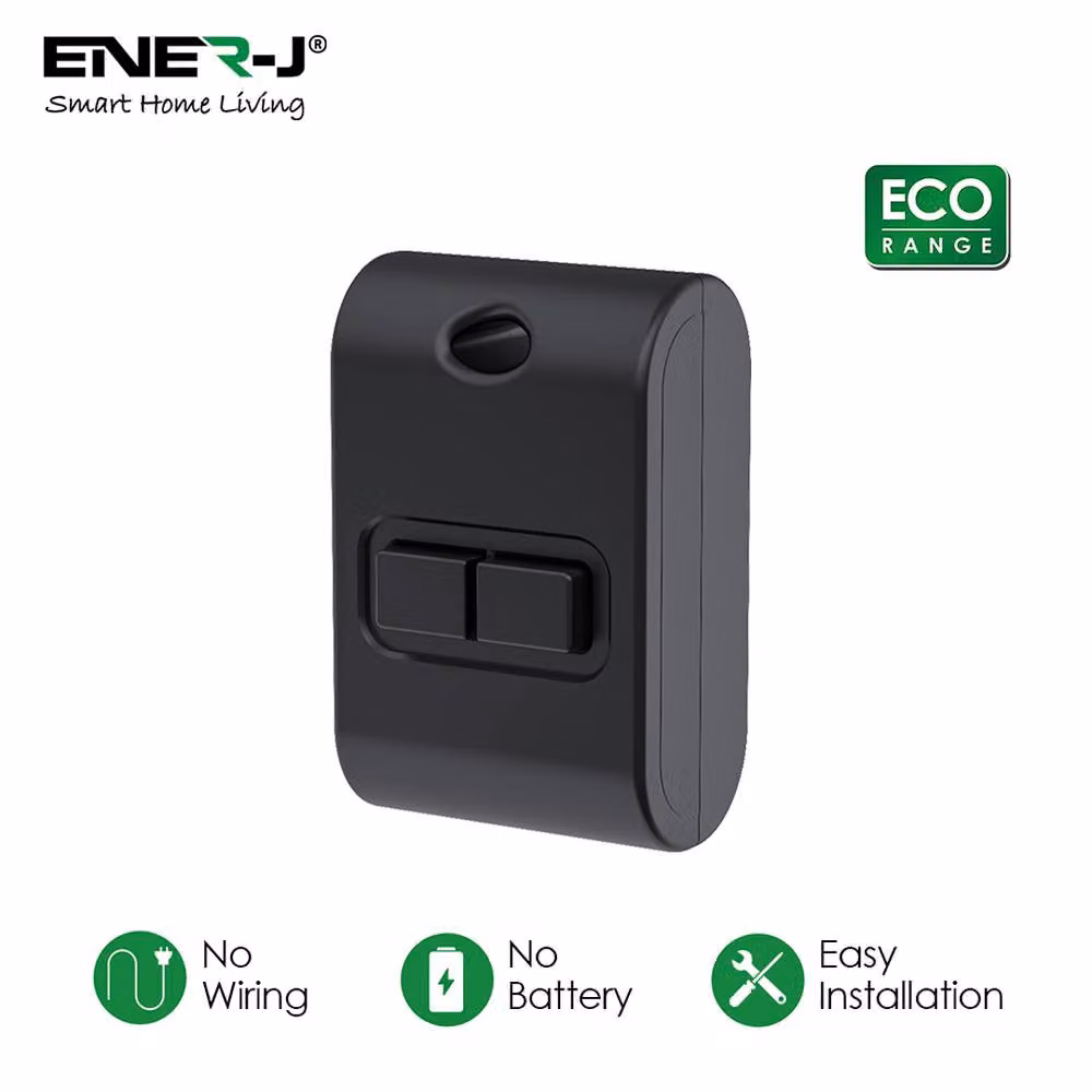 ENER-J Mini Kinetic FOB 2 Gang Wireless Lighting Switch, Black, IP65 – 2