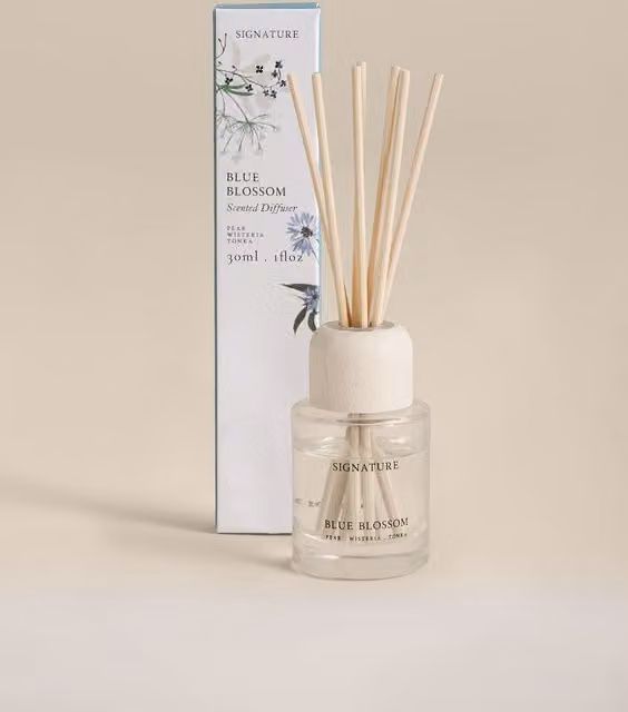 M&S Blue Blossom Mini Reed Diffuser with Floral and Fruity Scent in a Blue Glass Tabletop Design