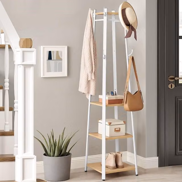 VASAGLE Industrial Ladder Coat Stand with 3 Shelves and Hooks in Natural/Beige/White