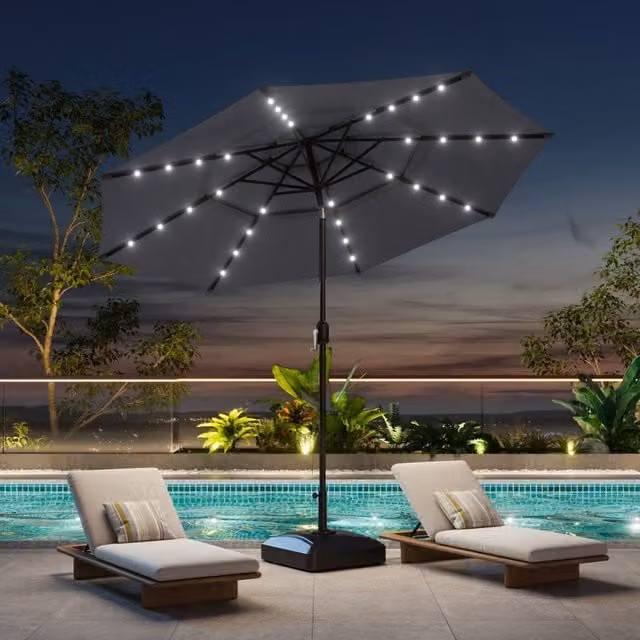 Breeins 3 Tier Cantilever Parasol with Lights and Base in Grey