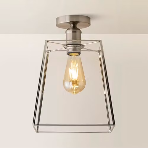 ValueLights Susie Glass Lantern Flush Ceiling Light in Brushed Chrome and Transparent Glass