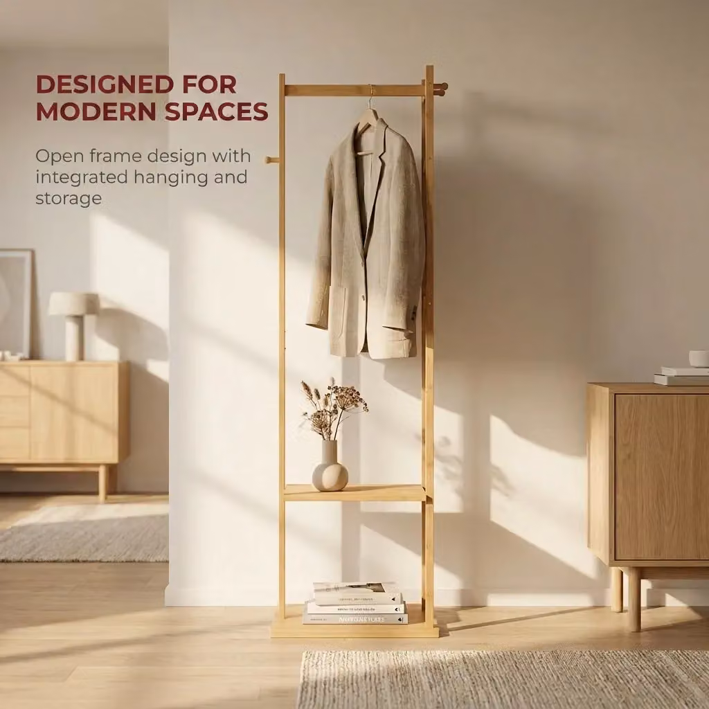 Storvo Narrow Wooden Coat Stand with 2 Shelves and Clothes Rail in Natural Brown – 3