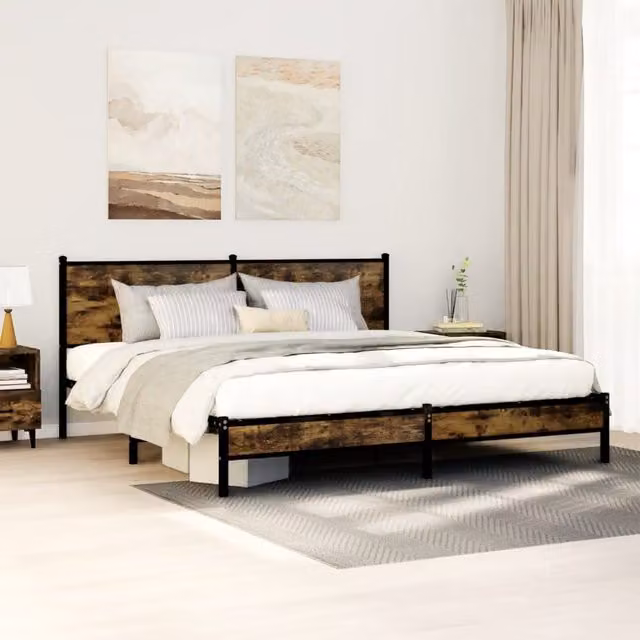 Berkfield Home Metal Bed Frame in Smoked Oak Brown, W/D/H: 160 x 200 cm – 1