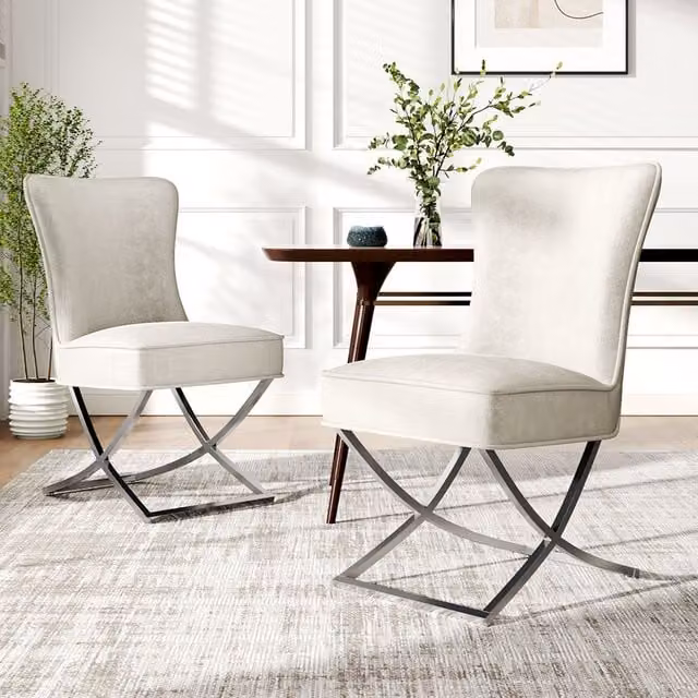 Komore Set of 2 Modern Velvet High Back Dining Chairs with Metal Legs in Beige and White