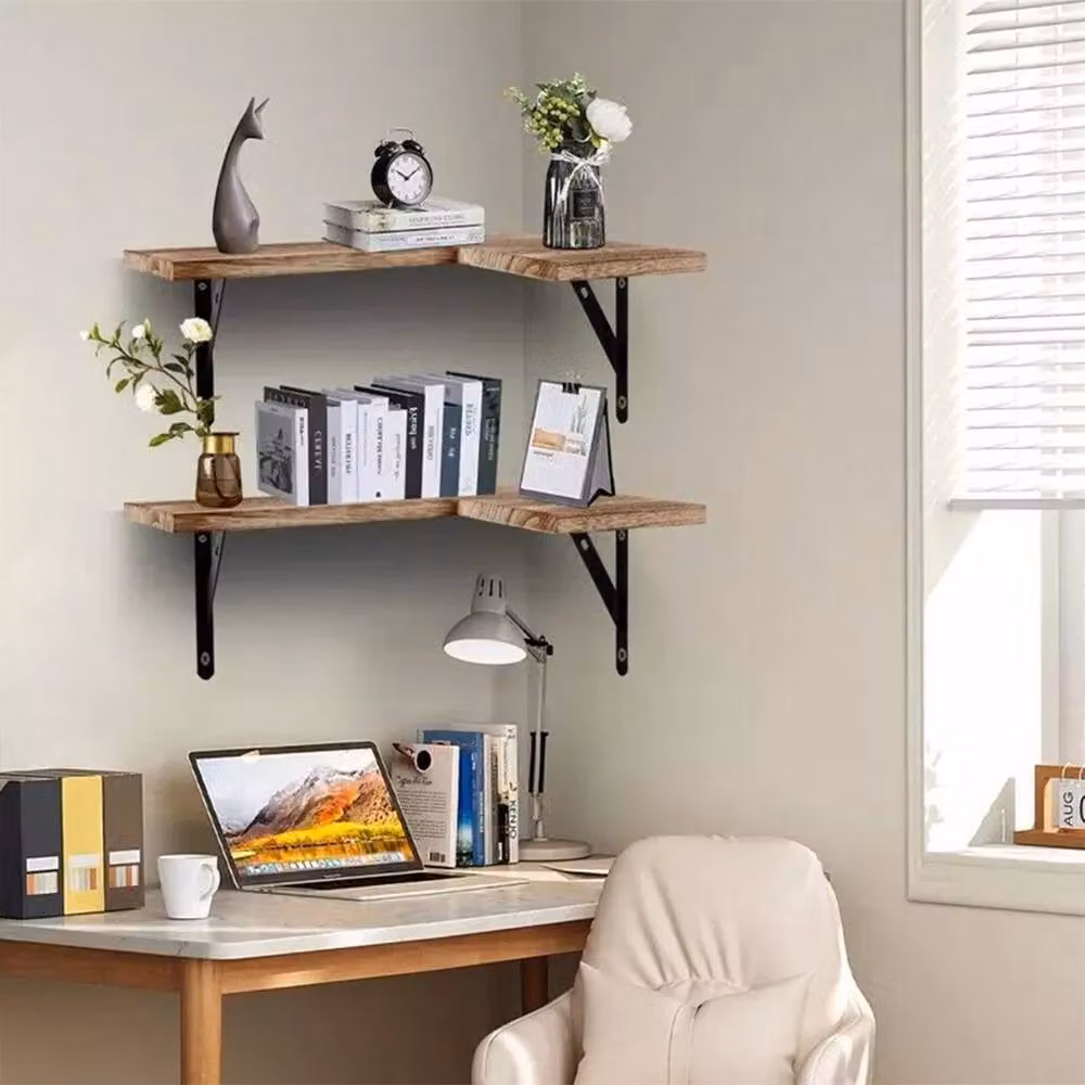 FORGEVIO 4 Piece Brown Industrial Wood Corner Floating Shelves, Wall Mounted Storage W/D/H: 39 x 15 x 15 cm – 4