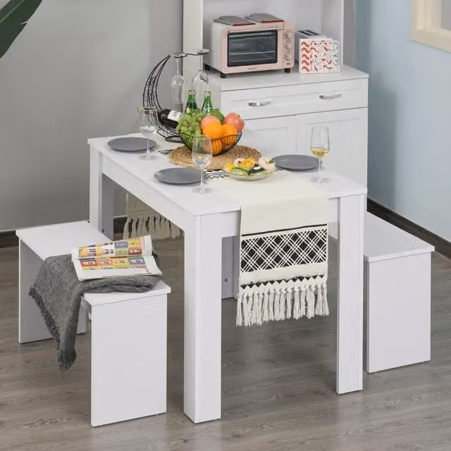 HOMCOM Modern 3-Piece Dining Table Set with 2 Benches in White
