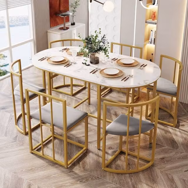 BTM Modern Dining Table Set with 6 Chairs, Gold Metal Frame and MDF Tabletop, White and Grey, W/D/H: 180 x 80 x 76 cm