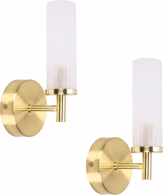 ValueLights Canya Pair of IP44 Frosted Reeded Glass Wall Lights in Gold/Brass