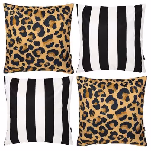 icon Boho Collection Set of 4 Indoor Outdoor Square Cushions in Black and Multicolour with Leopard and Deck Stripe Patterns – 4
