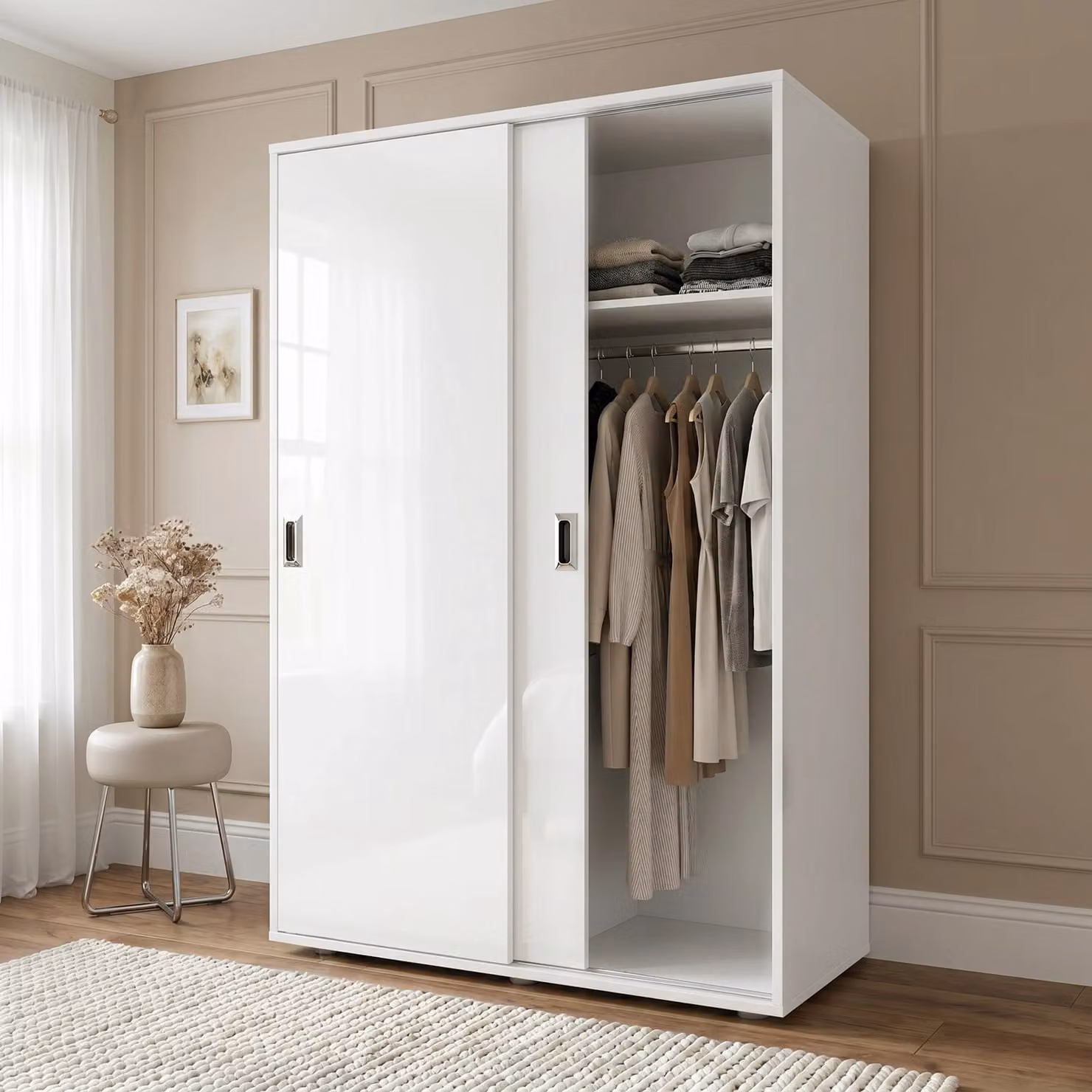 Torvek 2 Door Sliding Wardrobe with Internal Shelves and Hanging Rod, High Gloss White, H 183 x W 120 x D 58 cm
