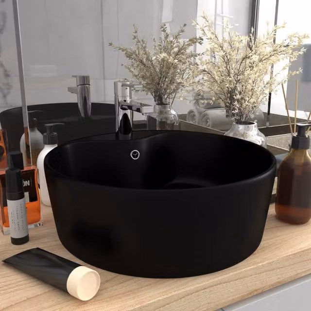 Berkfield Home Luxury Ceramic Round Countertop Wash Basin with Overflow, Matt Black, W: 36 cm, D: 13 cm