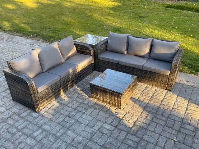 Fimous 6 Seater Rattan Garden Furniture Set with Table, Sofa, Chairs and Side Table in Dark Grey with Grey Cushions