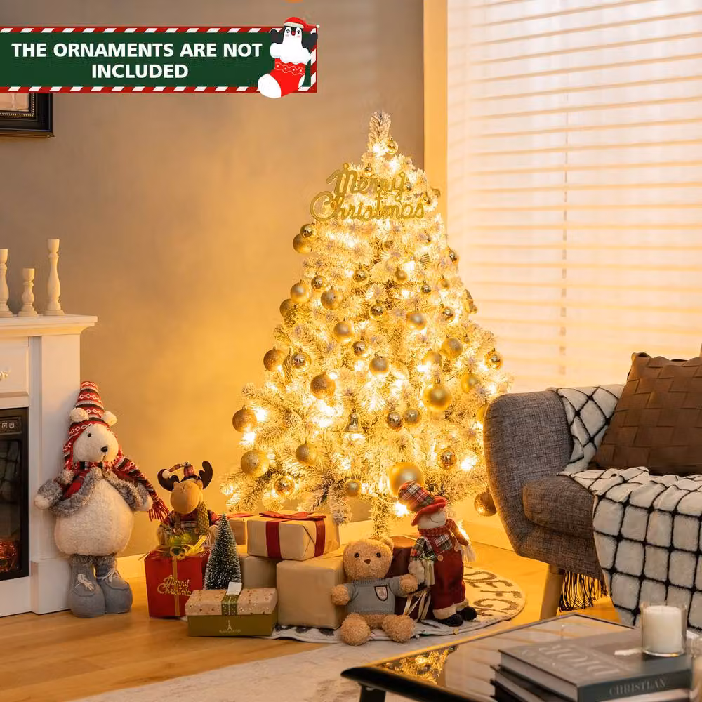 Gymax Pre-Lit Flocked Artificial Christmas Tree in White, Height: 137 cm – 5