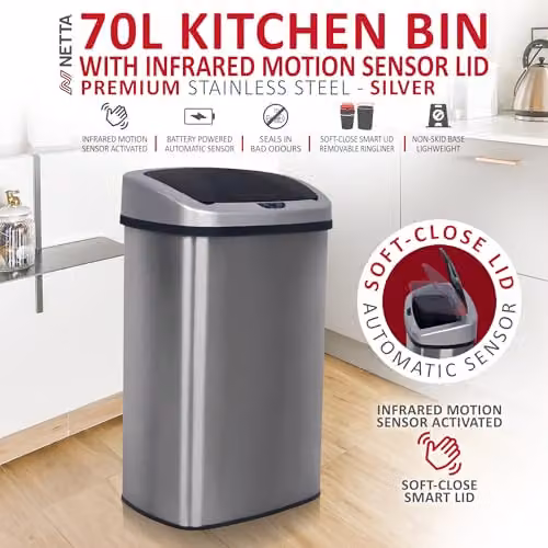 NETTA 70L Automatic Motion Sensor Kitchen Bin in Silver Brushed Stainless Steel, W/D/H: 44.2 x 31.3 x 71.1 cm – 2