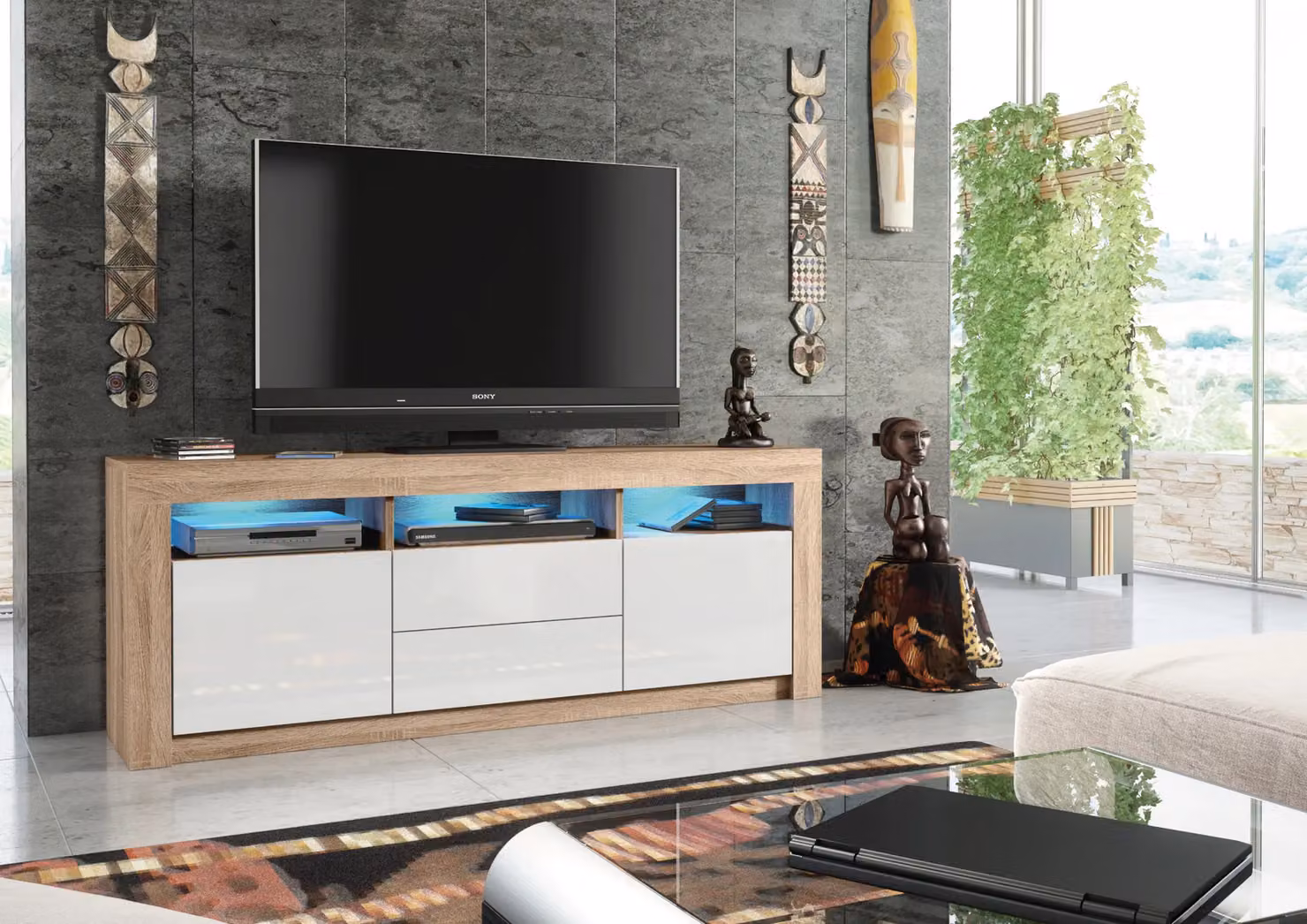 Creative Furniture Shine Modern TV Unit in Oak with Glossy Doors and Integrated Lighting, W: 160 cm, D: 35 cm, H: 60 cm – 2