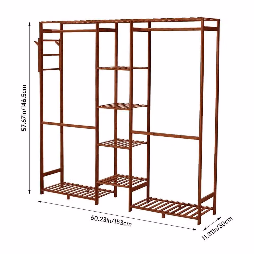 KORVIXA Teak Brown Open Wardrobe with Slatted Shelving and Clothes Rail, Width: 100 cm, Height: 146.5 cm – 2