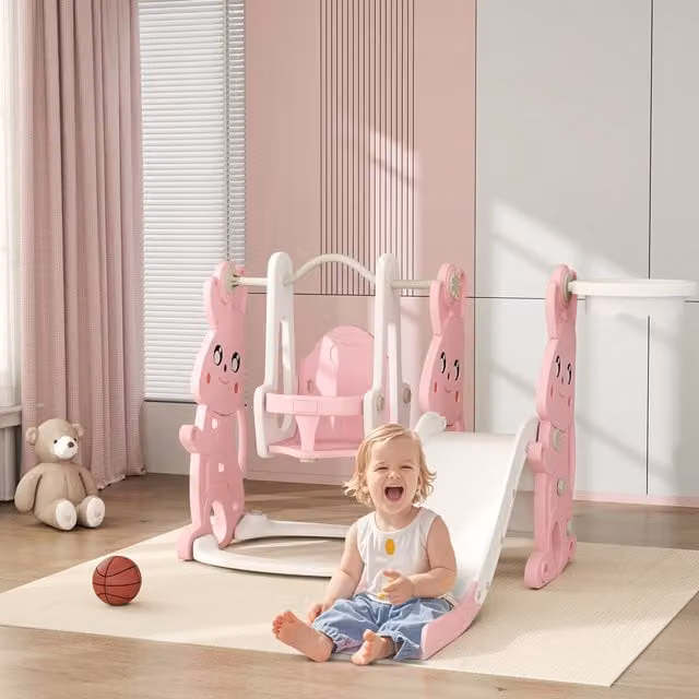 AIYAPLAY 4 in 1 Kids Slide and Swing Set with Basketball Hoop, Pink
