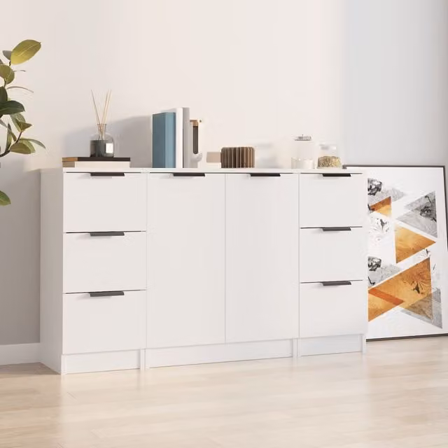 Berkfield Home Set of 3 White Minimalist Sideboards in Matt Engineered Wood