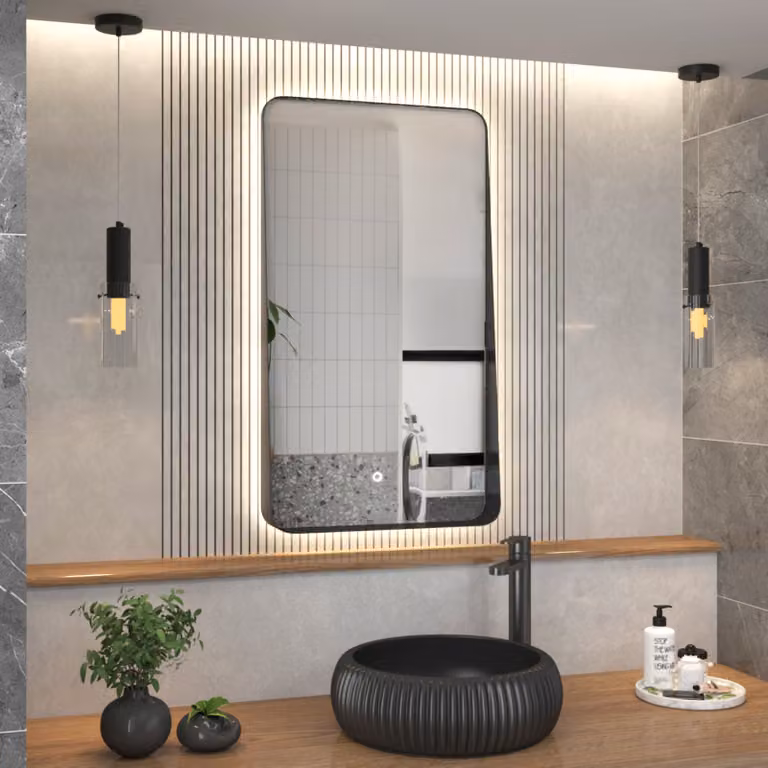 Royal Bathrooms Verona Matt Black Backlit LED Illuminated Framed Mirror with Demister Pad and Touch Sensor W: 90 cm, D: 50 cm