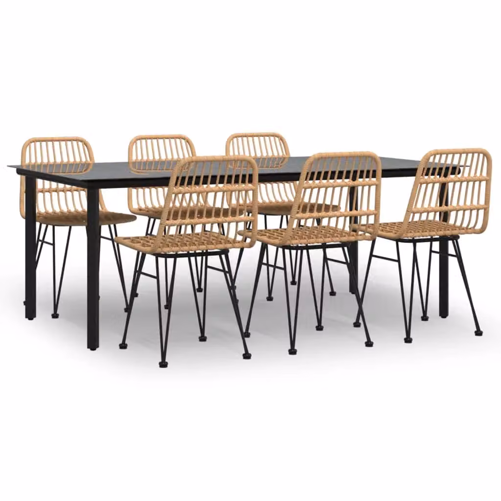 Berkfield Home 7 Piece Brown Poly Rattan Garden Dining Set with Glass Top Table – 2