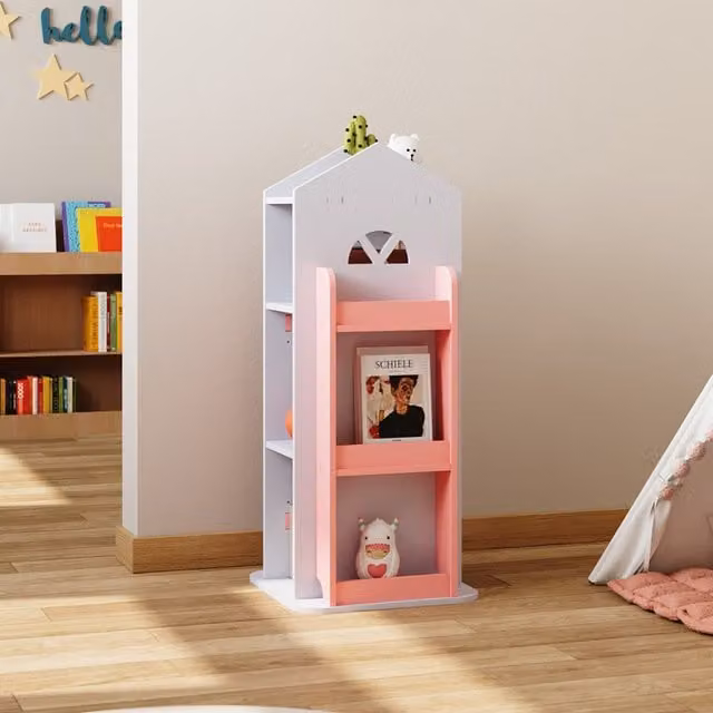 Livingandhome 4-Tier Compact Swivel Rotating Bookcase for Children in White and Pink