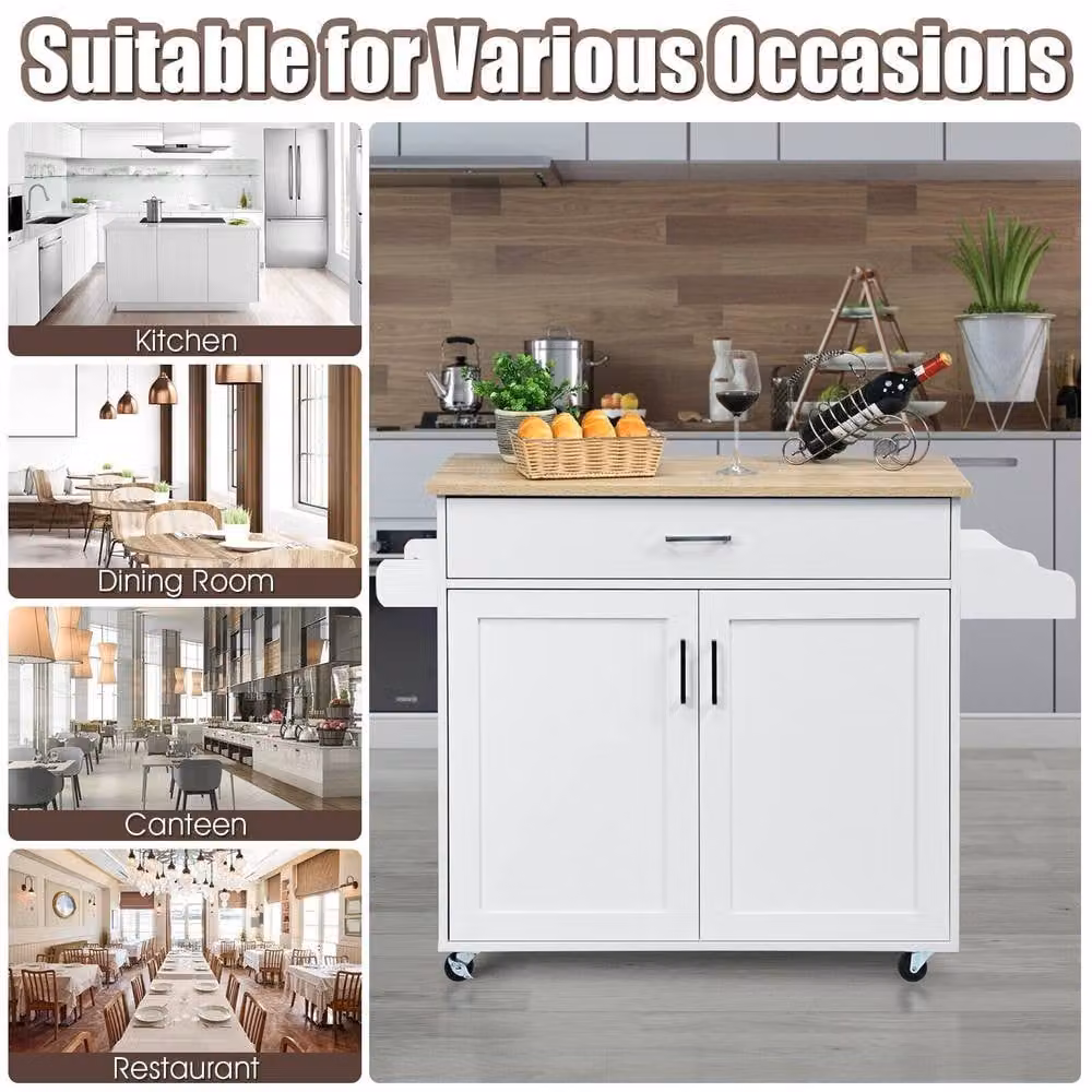Gymax White Kitchen Trolley Island with Rolling Shelves, Cupboard, Cabinet and Drawer – 2