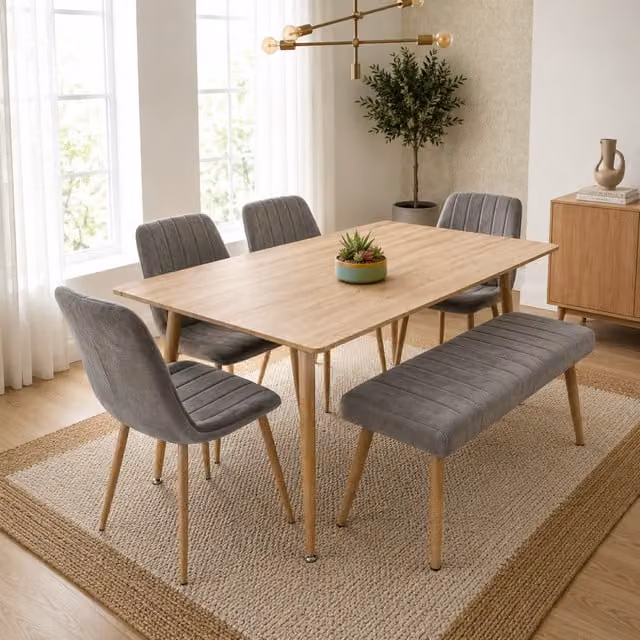 Kosy Koala Brown Wood-Effect Rectangular Dining Table Set with 4 Grey Velvet Chairs and Bench