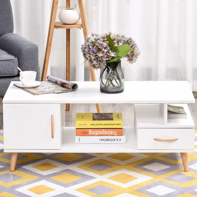 HOMCOM Modern White Rectangular Coffee Table with Drawer