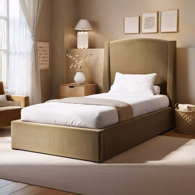 Solace+Co Blaine Single Winged Headboard Ottoman Bed in Sand Velvet