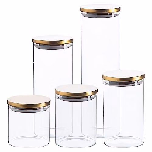Argon Tableware Scandi Airtight Glass Storage Jar Set with Gold Lids, 5 Pieces, Transparent