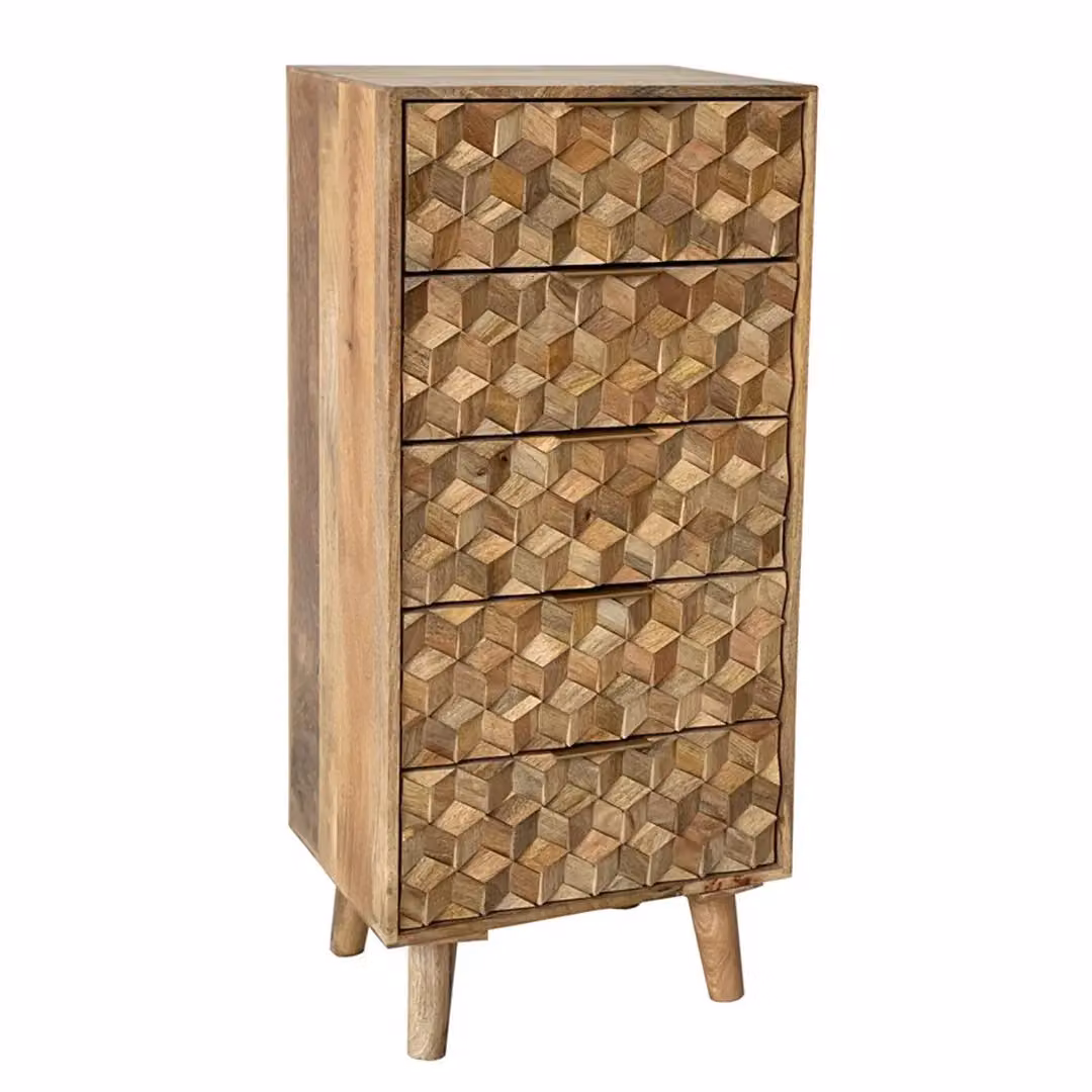 Jaipur Furniture Ltd Geometric 5 Drawer Tall Chest in Mango Wood, Brown, W: 55 cm, D: 40 cm, H: 118 cm – 2