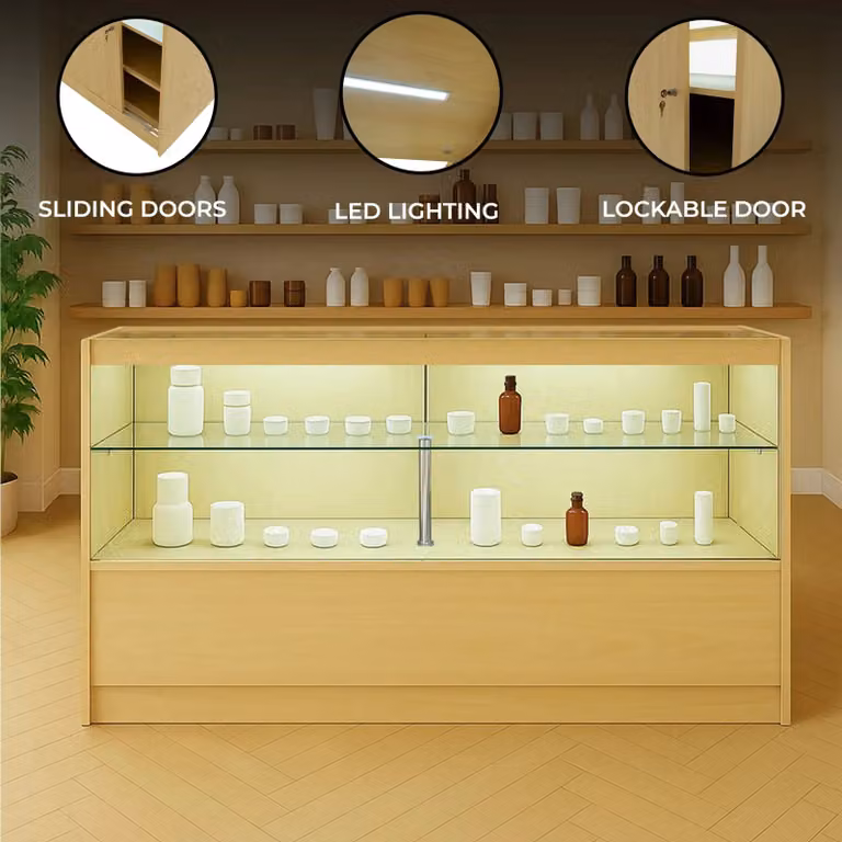 Monstershop C1500 LED Retail Shop Counter in Maple and Beige with Glass Sliding Doors and Integrated Lighting