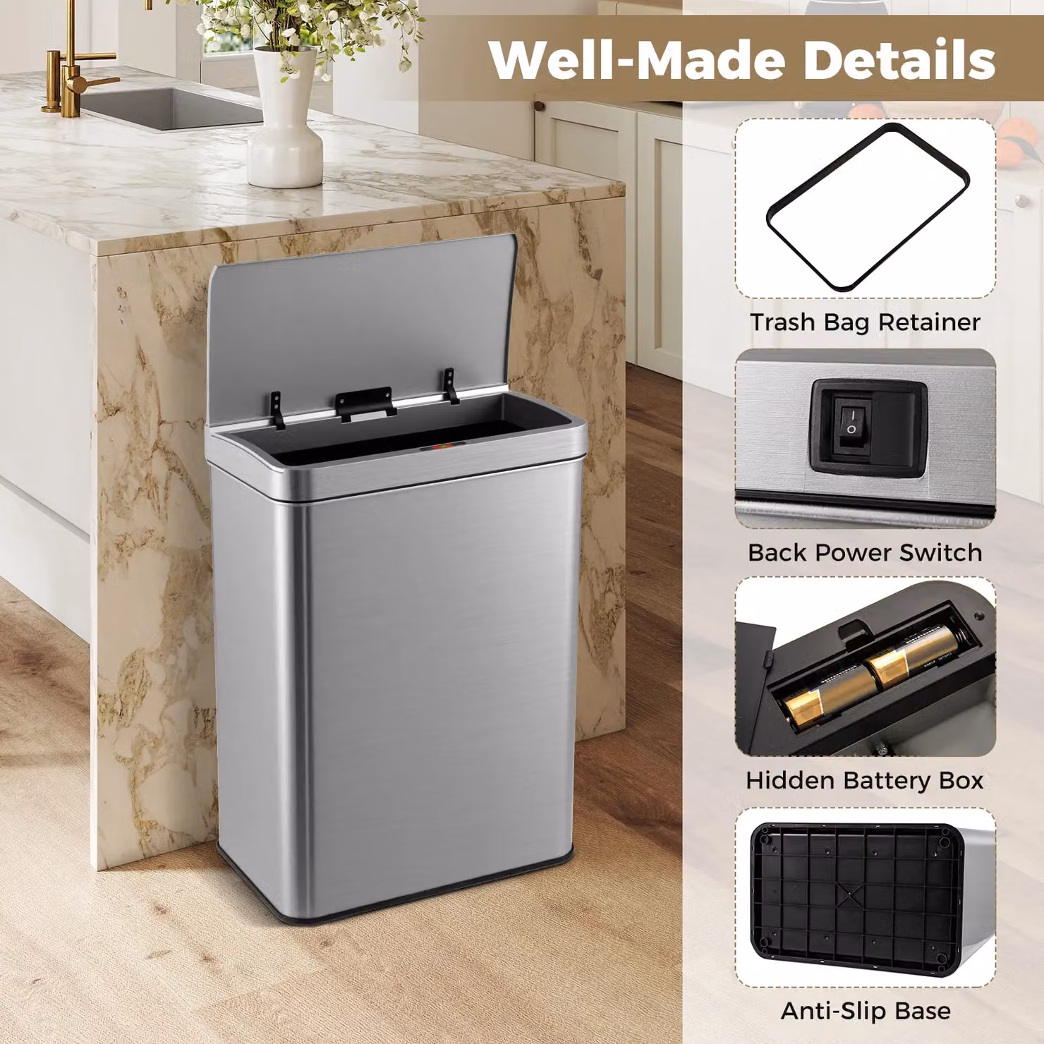Gymax 53L Automatic Motion Sensor Trash Can with Soft Close Lid in Metallic Silver – 7