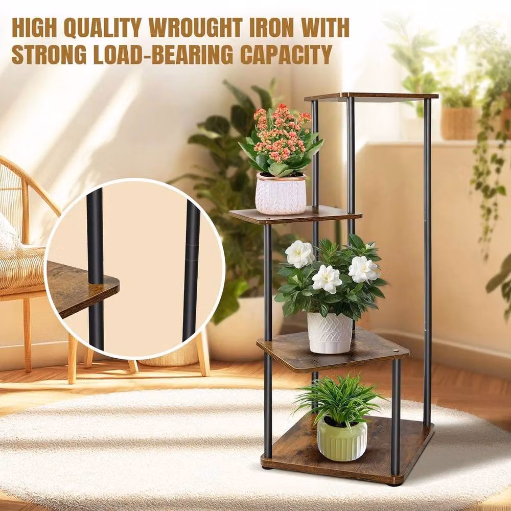 EONLION 4 Tier Tall Corner Plant Stand in Brown, Height: 100 cm – 4