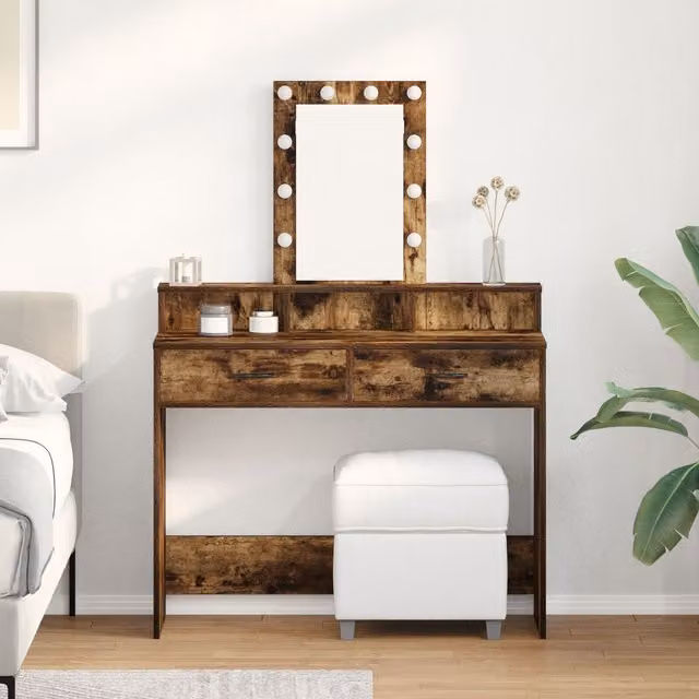 Berkfield Home Smoked Oak Dressing Table with Hollywood LED Lights in Brown, W/D/H: 100 x 41 x 140 cm – 1