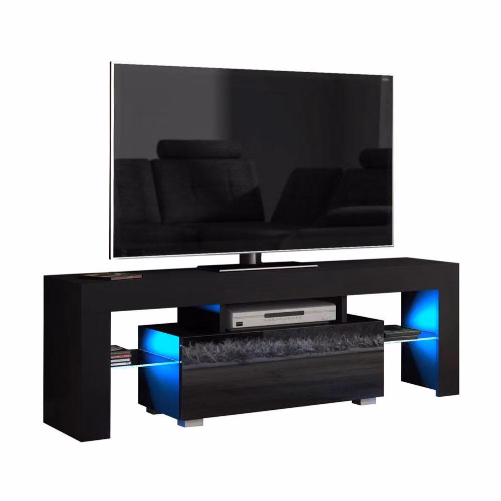 Mex Furniture LTD Floe TV Unit in Black with Glossy Doors and LED Lights, W: 130 cm, H: 45 cm, D: 35 cm – 3