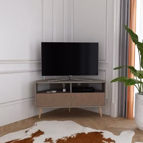 DECOROTIKA Aura Corner TV Stand with Galaxy and Vintage Pattern, featuring Open Shelves, Cabinets, and Wooden Legs, W: 120 cm, D: 45 cm, H: 59.8 cm