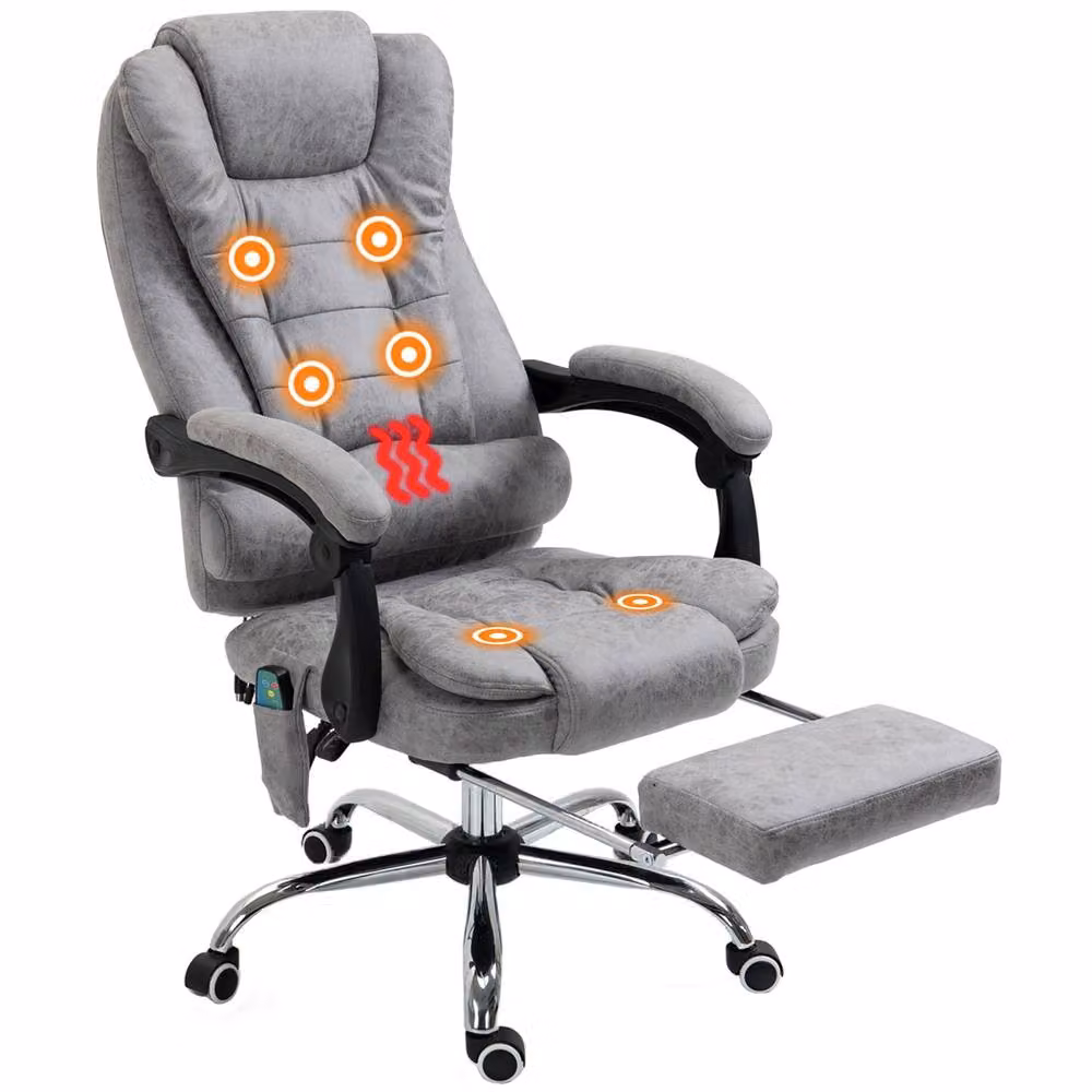 Rolipo Heated 6-Point Massage Reclining Microfibre Office Chair with Footrest and Headrest in Grey – 2