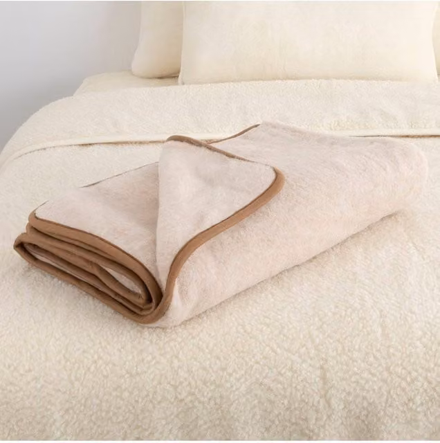Native Natural Merino Wool Blanket in Cappuccino Brown and Beige, W: 220 cm, D: 200 cm