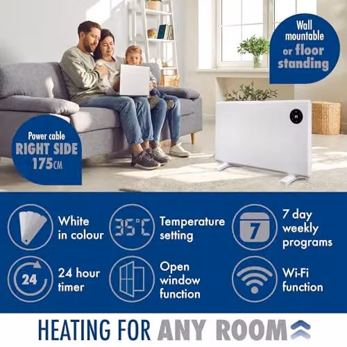 Purus 1500W WiFi Electric Panel Heater, White, Wall Mounted or Freestanding with App Control – 3